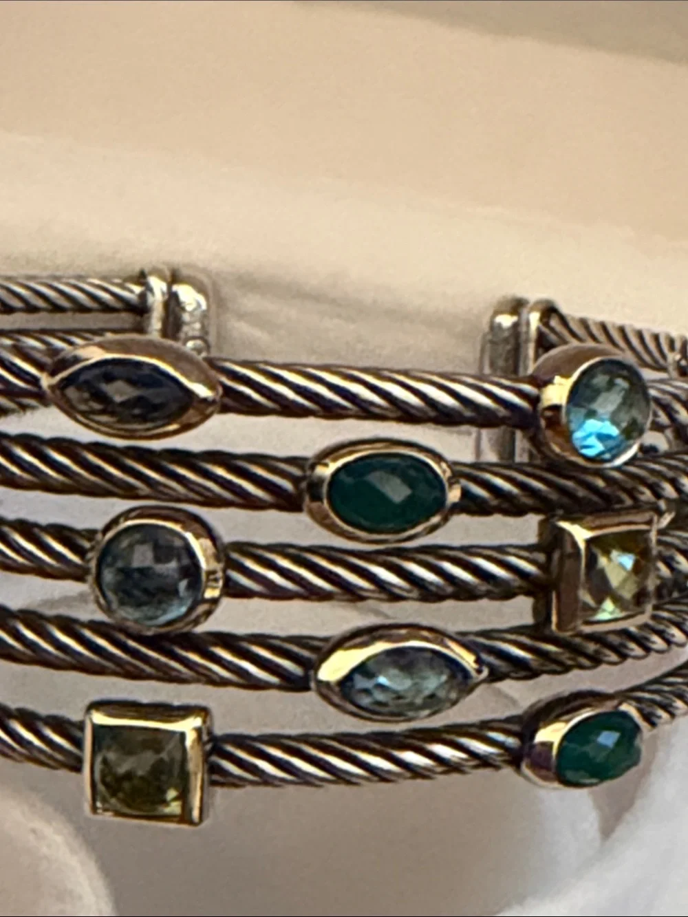 David Yurman Multi-Row Cable Bracelet with Blue and Green Gems - Picture 4 of 5